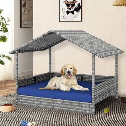 YITAHOME Large Wicker Dog House with Cushion Outdoor Indoor Rattan Doghouse Elevated Raised Dog Bed with Canopy Water Resistant Dog Cot for Small, Medium, and Large Dogs, Gray & Blue