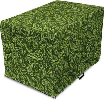 Lunarable Hunter Green Dog Crate Cover, Baroque Style Damask Floral Pattern with Leaves Swirled Branches Retro Design, Easy to Use Pet Kennel Cover for Medium Large Dogs, 42 Inch, Lime Green