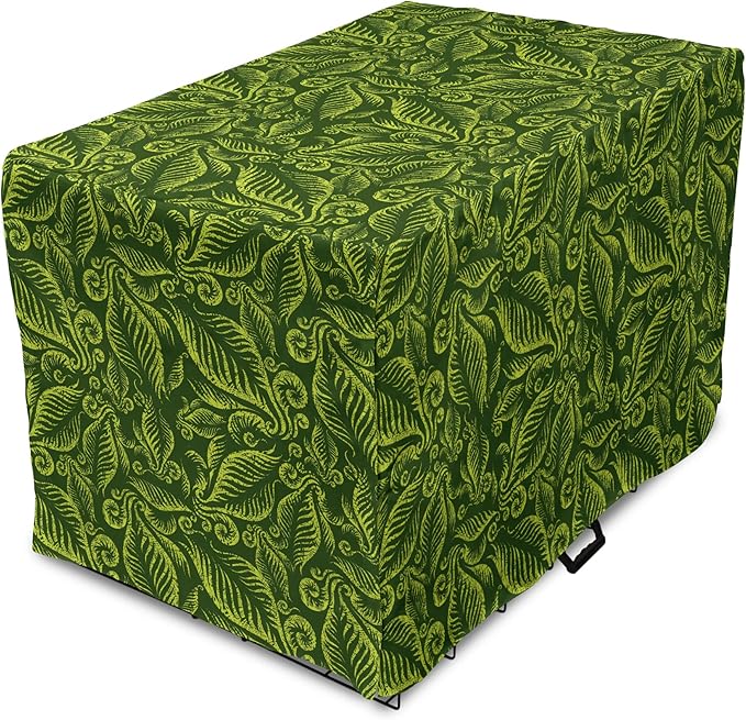 Lunarable Hunter Green Dog Crate Cover, Baroque Style Damask Floral Pattern with Leaves Swirled Branches Retro Design, Easy to Use Pet Kennel Cover for Medium Large Dogs, 48 Inch, Lime Green