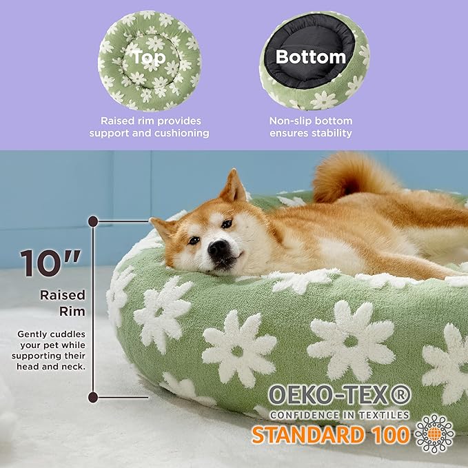 Lesure Donut Large Dog Bed - Round Cat Beds for Indoor Cats Anti-Anxiety Calming Pet Beds, Washable Cute Modern Beds with Teddy Sherpa Plush & Anti Slip Bottom Green