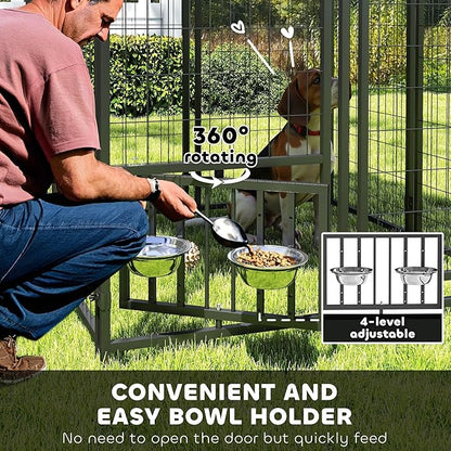 PawHut 3.9' x 3.9' x 6' Outdoor Dog Kennel, Welded Wire Heavy Duty Dog Run with 360° Rotating & 4 Level Adjustable Bowls, Dog Kennel Outside with Waterproof & UV Resistant Cover, for S&M Dogs