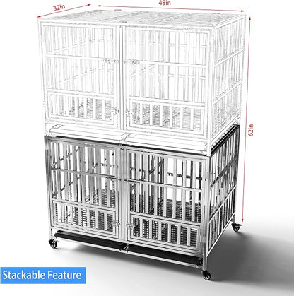 Collapsible Stainless Steel Dog Crate, 30" 37" 42" 48" Sizes, Lockable Wheel, with Tray, Stackable, Heavy Duty, Divider, Indoor and Outdoor (48insm)