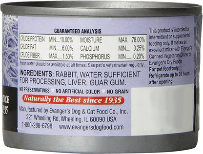 Evanger'S 776255 24-Pack Grain Free 100-Percent Rabbit For Dogs And Cats, 6-Ounce