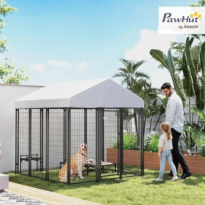 PawHut Outdoor Dog Kennel with Roof, 6' x 6' x 6' Heavy Duty Welded Wire Dog Playpen Enclosure with Escape-Proof Lock, UV-Resistant & Waterproof Cover, for Large Dogs, Silver