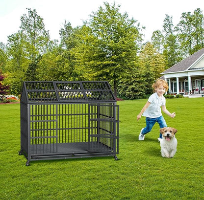 Heavy Duty Dog Crate, 52 Inch Dog Crate with Double Door, 360° Lockable Wheels and Removable Tray, Easy to Assembly，Indoor Dog Cage for Small Medium Large Dogs