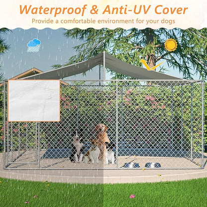 Outdoor Dog Enclosure Heavy Duty Dog Kennel House Mesh Outside Galvanized Chain Link Dog Run with Roof,Dog Cage Large Dogs Dog Pen Pet Kennel W/Waterproof Anti-UV Cover&Secure Lock for Large Dog