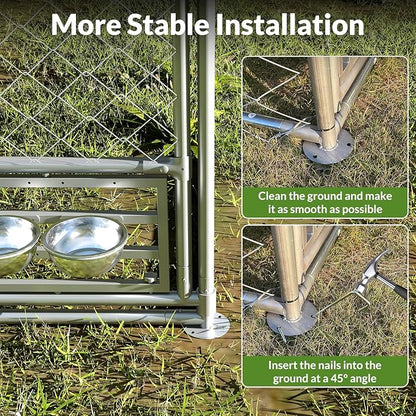 Rovibek 10x10 Ft Outdoor Dog Kennel, Outside Dog Kennel with Roof, Dog Kennels Outdoor with 2 Steel Dog Bowls, Outside Kennel for Large Dogs