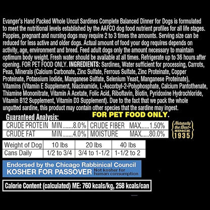 Evanger's Hand Packed Whole Uncut Sardines for Dogs - 12, 12 oz Cans