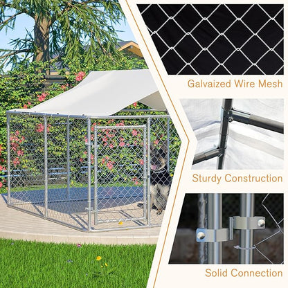 Large Outdoor Dog Kennel, Heavy Duty Galvanized Steel Dog Enclosure, Chicken Coop with Waterproof UV-Resistant Cover, Lockable Door Chain Link for Small & Large Pets, Backyard (90" L x 90" W x 65" H)