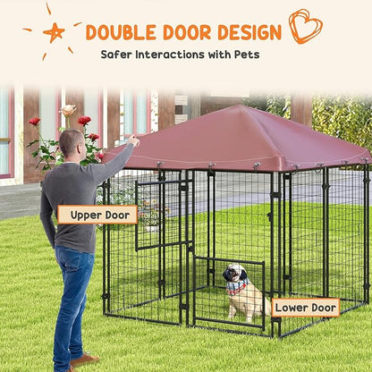 PawHut 4.6' x 5' Dog Kennel Outdoor with Waterproof Cover, Dog Playpen for Small and Medium-Sized Dogs with Two Part Door Design, Brown