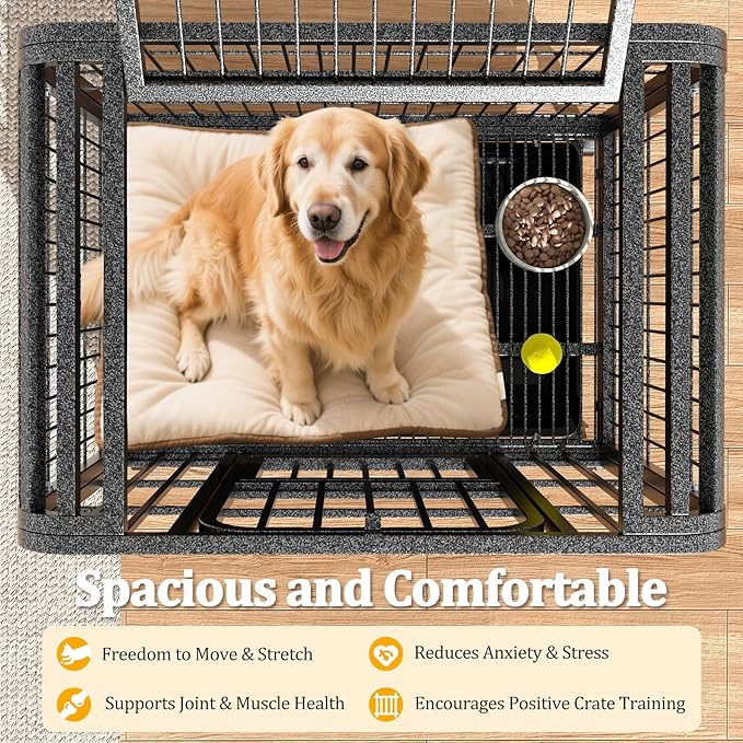 Dog Crates for Large Dogs 42 inch, Heavy Duty 10-Gauge Steel Dog Kennel Indoor Escape Proof, Wire Cage for High Anxiety or Arthritic Dogs Comfortable with Lockable Wheels, Bottom Tray Easy to Clean