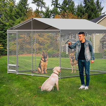 10x10x7 Ft Outdoor Dog Kennel, Heavy Duty Outside Dog Kennel with Waterproof and Anti-UV Roof Cover, Large Dog Enclosures with Feeder for Backyard
