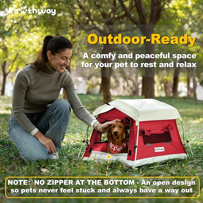 Dog Tent Cotton Fabric, Aluminum Poles and Camping Mat, Outdoor Weatherproof, Dog House Outdoor, Breathable with 2 Side Windows, Portable and Collapsible (Red, Small)