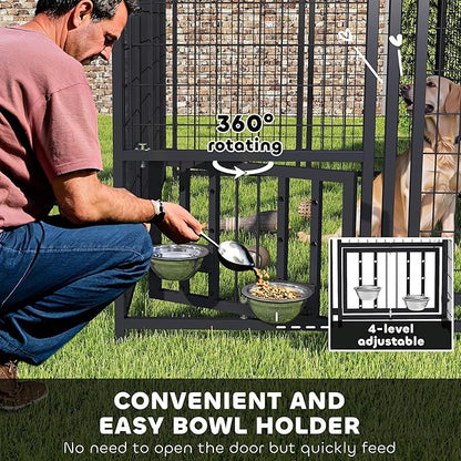 PawHut 7.9' x 4' x 6' Outdoor Dog Kennel, Welded Wire Heavy Duty Dog Run with 360° Rotating & 4 Level Adjustable Bowls, Dog Cage Outside with Waterproof & UV Resistant Cover, for S&M&L Dogs