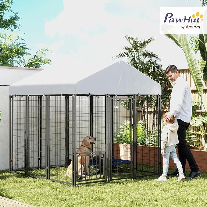 PawHut 5.9' x 5.9' x 6' Outdoor Dog Kennel, Welded Wire Heavy Duty Dog Run with 360° Rotating & 4 Level Adjustable Bowls, Dog Kennel Outside with Waterproof & UV Resistant Cover, for Large Dogs