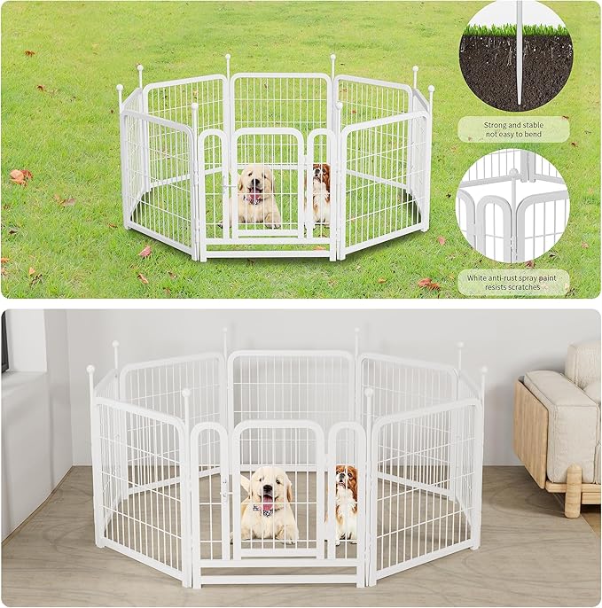 24" H Dog Crate Dog Playpen 8 Panels Furniture Heavy Duty Dog Fence Door with Side Openings,for Large Medium Small Dogs Indoor Outdoor Foldable Pet Exercise Pen,White