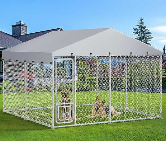 DWVO 10'x10' Large Outdoor Dog Kennel with Rotating Feeder Bowls, Outdoor Dog Pens with Roof, Heavy Duty Dog Cage for Large Dogs