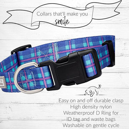 Lucky Love Dog, Blue and Violet Plaid Dog Collar, Adjustable & Comfy Collar for Boy and Girl Dog, Easy On & Off Clasp Accessory - (Medium, Scotty Collar)