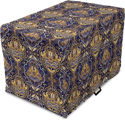 Ambesonne East Dog Crate Cover, Oriental Antique Pattern Foliage Inspirations Geometrical Design, Easy to Use Pet Kennel Cover for Small Dogs Puppies Kittens, 18 Inch, Purple Yellow