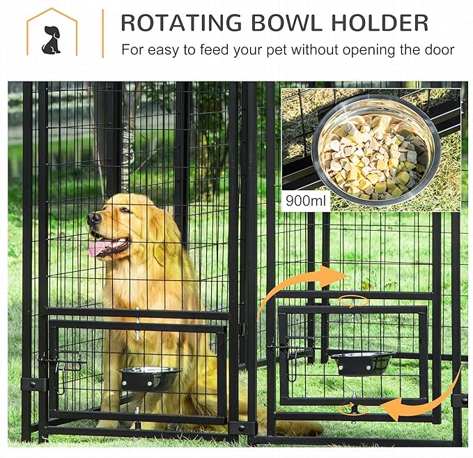 PawHut 8' x 4' x 6' Outdoor Dog Kennel with Rotating Bowl Holders, Walk-in Pet Playpen, Welded Wire Steel with Water and UV-Resistant Canopy, Red
