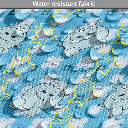 Lunarable Yellow and Blue Dog Crate Cover, Funny Cartoon Hippopotamus with Stars and Daisy Flowers, Easy to Use Pet Kennel Cover for Medium Large Dogs, 42 Inch, Pale Blue White Yellow