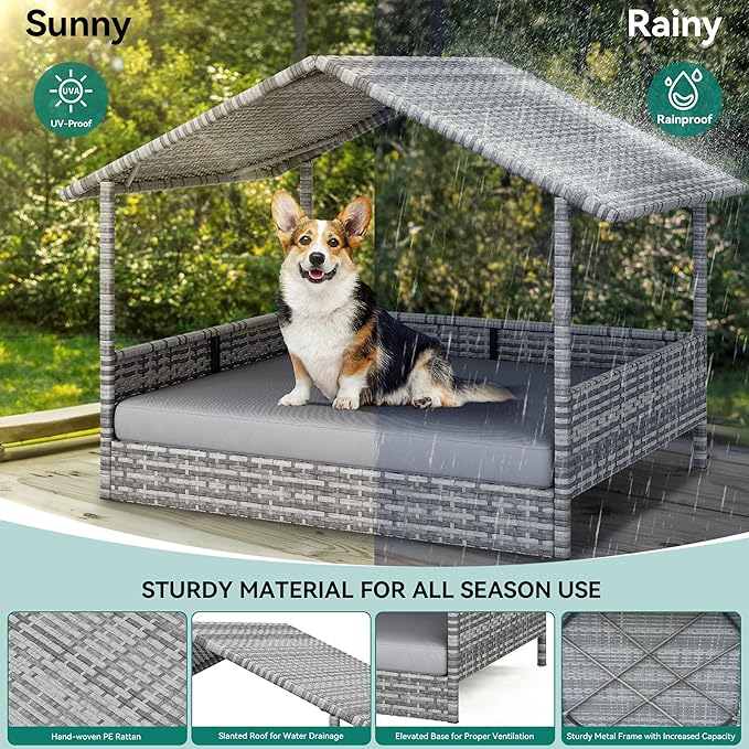 YITAHOME Large Wicker Dog House with Cushion Outdoor Indoor Rattan Doghouse Elevated Raised Dog Bed with Canopy Water Resistant Dog Cot for Small, Medium, and Large Dogs, Gray