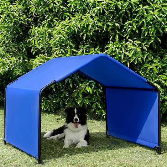 Dog Shade Shelter Outdoor Tent for Large Medium Dogs, 4'x4'x3' Outside Sun Rain Canopy Pet House for Cats Pigs Livestock with Waterproof Roof Ground Nails，Blue
