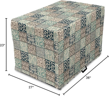 Lunarable Geometric Dog Crate Cover, Antique Mosaic with Victorian Garden Motifs Damask and Scroll Flower, Easy to Use Pet Kennel Cover for Medium Large Dogs, 36 Inch, Seafoam Brown Dark Blue