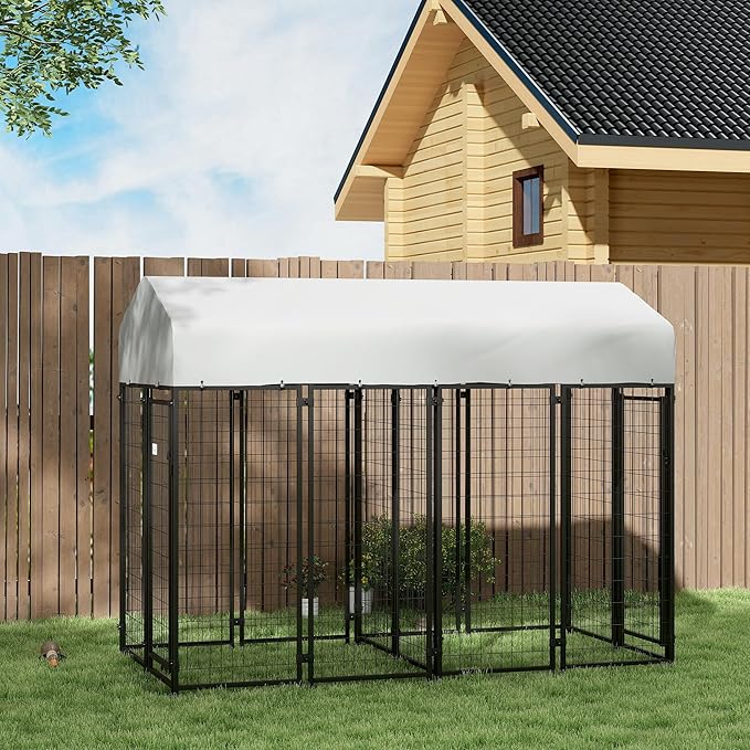 PawHut Outdoor Dog Kennel with 2 Rooms, 8' x 4' x 6' Heavy Duty Welded Wire Dog Playpen Enclosure with Escape-Proof Lock, UV-Resistant & Waterproof Cover, for Large Dogs, Silver