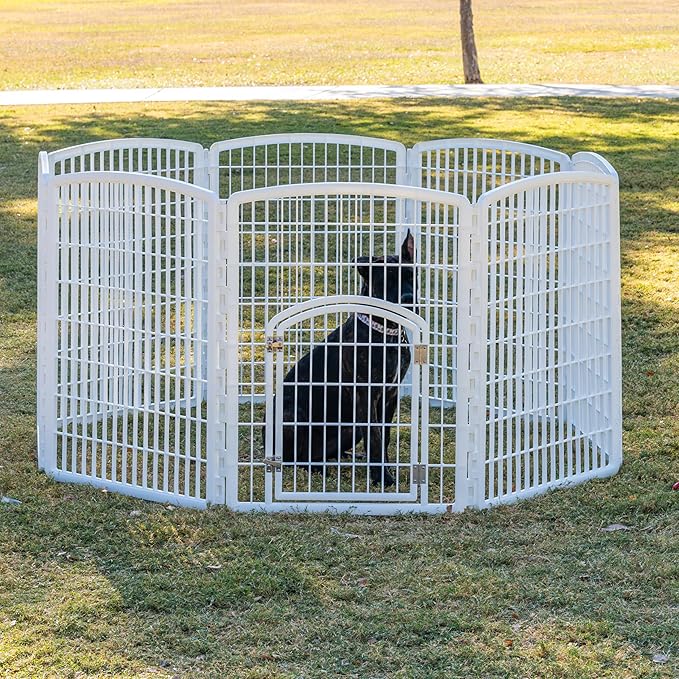 IRIS USA Dog Playpen, 8-Panel 34" Pet Playpen with Door, Puppy Playpen, Indoor/Outdoor Dog Pen, 63 x 63 x 34, Foldable, Customizable, White