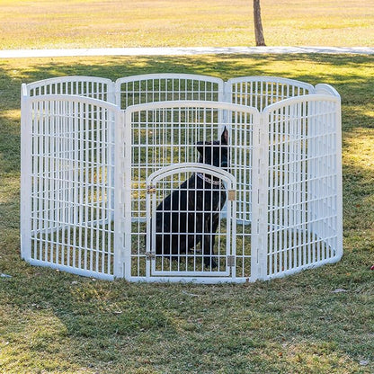 IRIS USA Dog Playpen, 8-Panel 34" Pet Playpen with Door, Puppy Playpen, Indoor/Outdoor Dog Pen, 63 x 63 x 34, Foldable, Customizable, White