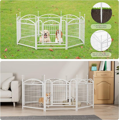 24" H Dog Crate Dog Playpen 8 Panels Furniture Heavy Duty Dog Fence Door with Side Openings,Foldable Pet Exercise Pen for Large Medium Small Dogs Indoor Outdoor,White
