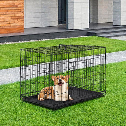 24/7 Shop at Home Gossamer Metal Double Door Folding Wire Pet Crate with Divider, Removable Tray, and Handle for Outdoor and Indoor Medium Dog, 42-inch, Black