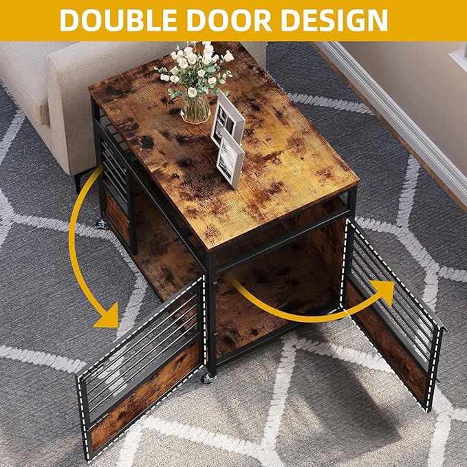 DWVO Dog Crate Furniture, 32 Inch Dog Kennel Indoor Furniture End Table Dog Crate for Dogs, Modern Decorative Dog Crate Wooden Dog Crate Furniture with Wheels, Chew-Resistant, Rustic Brown