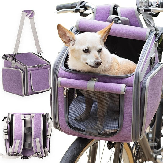 Dog Bike Basket, Mesh Windows, 2 Safety Leashes, Soft Sided, Safe Comfortable Pet Carrier for Small Dogs, Cats (Purple)