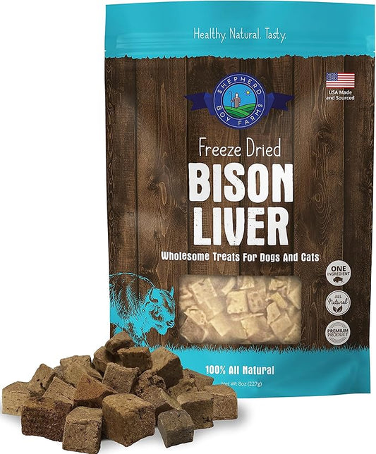 Freeze Dried Dog and Cat Treats, Bison Liver, All Natural Freeze-Dried Dog Treat & Dog Snacks, Made in USA, High in Protein, Essential Nutrition of Raw Dog Food, 8oz