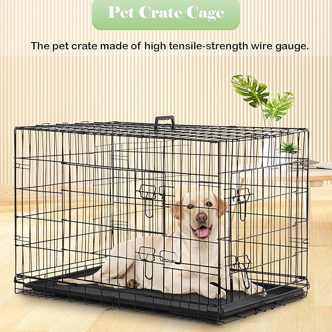 24/7 Shop at Home Gossamer Metal Double Door Folding Wire Pet Crate with Divider, Removable Tray, and Handle for Outdoor and Indoor Medium Dog, 48-inch, Black