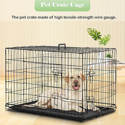 24/7 Shop at Home Gossamer Metal Double Door Folding Wire Pet Crate with Divider, Removable Tray, and Handle for Outdoor and Indoor Medium Dog, 48-inch, Black