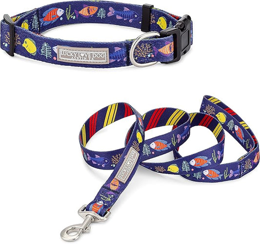 Lucky Love Dog Combo Set, Tropical Fish Dog Leash and Collar Set, Blue Color Matching Dog Collar & Leash, Part of Purchase Donated to Rescue (Large, Mackey, Combo)
