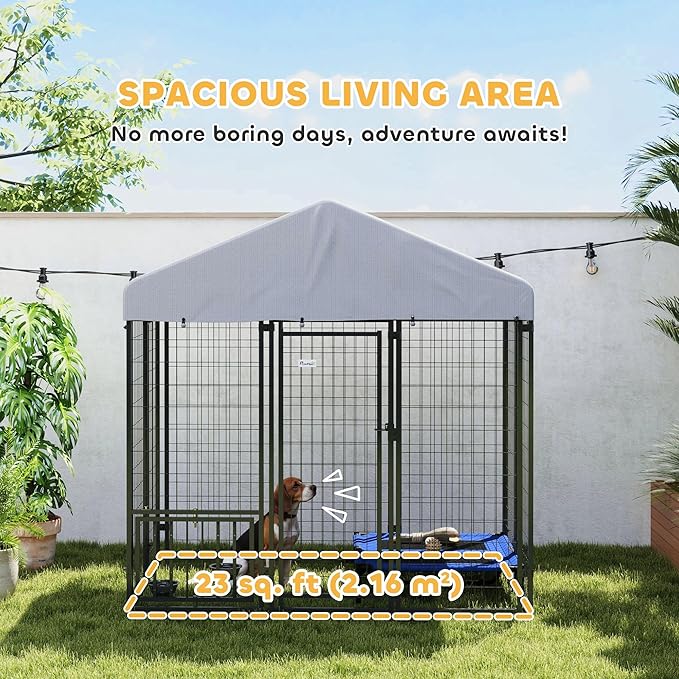 PawHut 5.9' x 4' x 6' Outdoor Dog Kennel, Welded Wire Heavy Duty Dog Run with 360° Rotating & 4 Level Adjustable Bowls, Dog Kennel Outside with Waterproof & UV Resistant Cover, for S&M Dogs