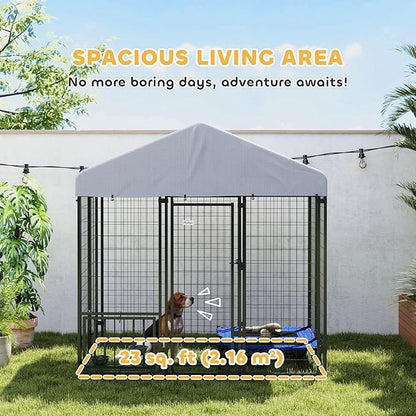 PawHut 5.9' x 4' x 6' Outdoor Dog Kennel, Welded Wire Heavy Duty Dog Run with 360° Rotating & 4 Level Adjustable Bowls, Dog Kennel Outside with Waterproof & UV Resistant Cover, for S&M Dogs