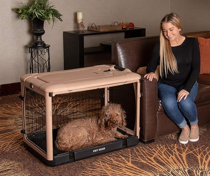 Pet Gear “The Other Door” 4 Door Steel Crate for Dogs/Cats with Garage-Style Door, Includes Plush Bed + Travel Bag, No Tools Required, Beige
