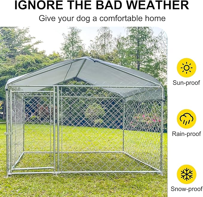 Outdoor Dog Kennel with Roof, Large Dog House Pen Enclosure Heavy Duty Chain Link Dog Kennel with Metal Gate (H3028)