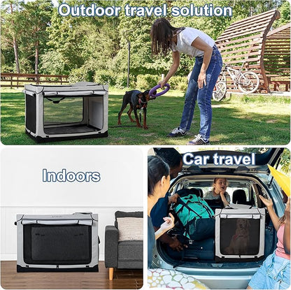 Soft Collapsible Dog Crate - 42 Inch Portable Travel Crate with Extra Space Indoor & Outdoor, 4-Door Foldable Pet Kennel with Durable Mesh Windows, Light Gray