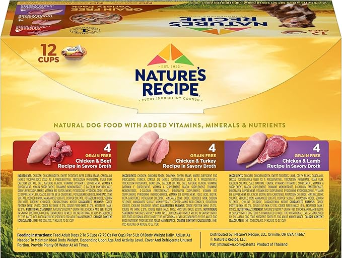 Nature’s Recipe Grain Free Chicken & Beef Recipe, Chicken & Turkey Recipe and Chicken & Lamb Recipe in Savory Broth Variety Pack Wet Dog Food, 12-2.75 oz. Cups, 2 Count