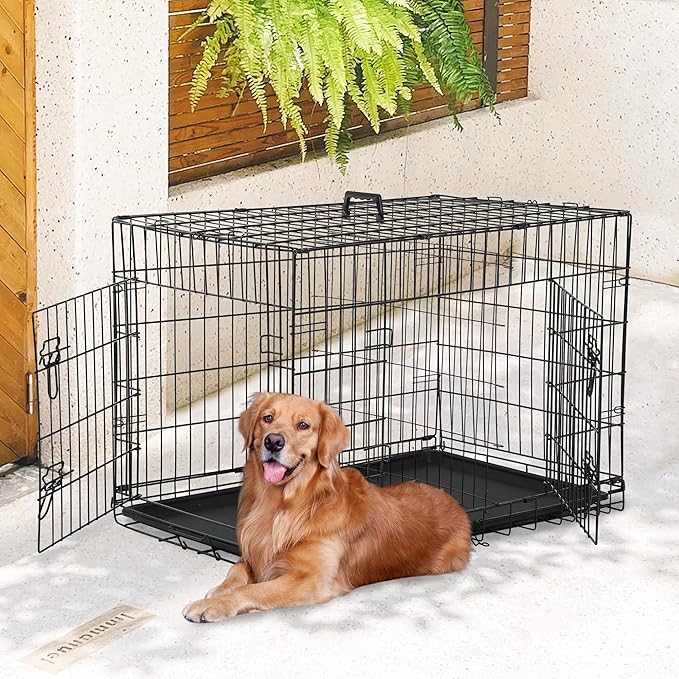 FDW Dog Crate for Large Dogs 42 Inch Folding Metal Wire Pet Cage Double Door W/Divider Panel Indoor Outdoor Kennel Leak-Proof Plastic Tray,Black