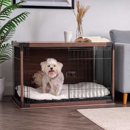 IRIS USA Modern Wooden Dog Crate – Stylish Furniture-Style Indoor Kennel & End Table for Small to Medium Dogs, Secure Enclosed Pet Cage with Sliding Door, Dark Brown