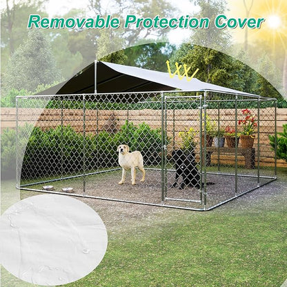 Outdoor Dog Kennel Dog Crate with Lockable Swing Gate,Water & UV Resistant Dog Enclosure Outdoor W/Pitched Roof,Heavy Duty Dog Pens Dog House Outside for Large Dogs,Gray(178"x178")