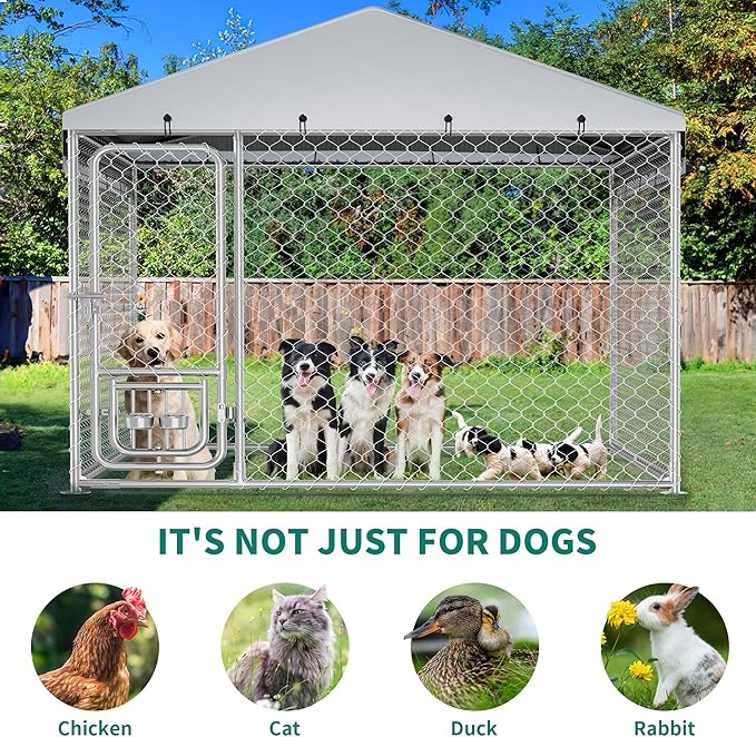 DWVO 7.5'x7.5' Large Dog Kennel Outdoor with Rotating Feeder Bowls, Outdoor Dog Pens with Roof, Heavy Duty Dog Cage for Medium Large Dogs