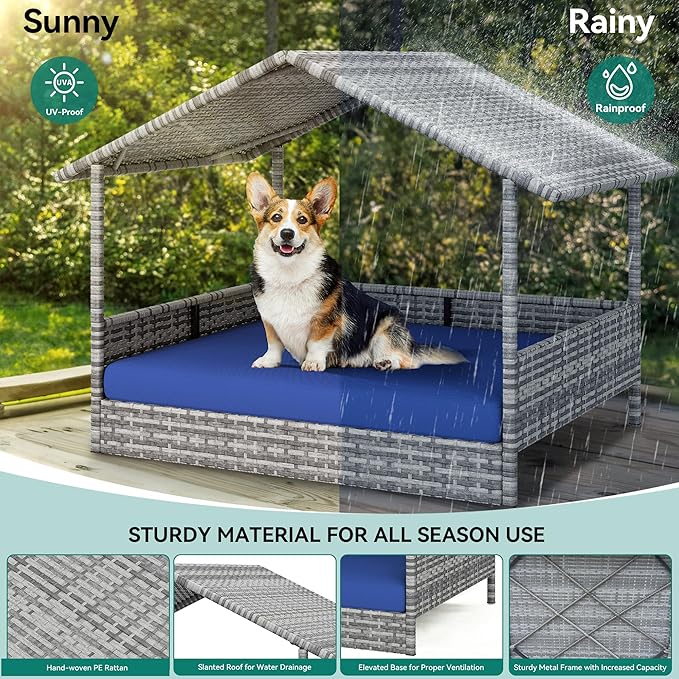 YITAHOME Large Wicker Dog House with Cushion Outdoor Indoor Rattan Doghouse Elevated Raised Dog Bed with Canopy Water Resistant Dog Cot for Small, Medium, and Large Dogs, Gray & Blue